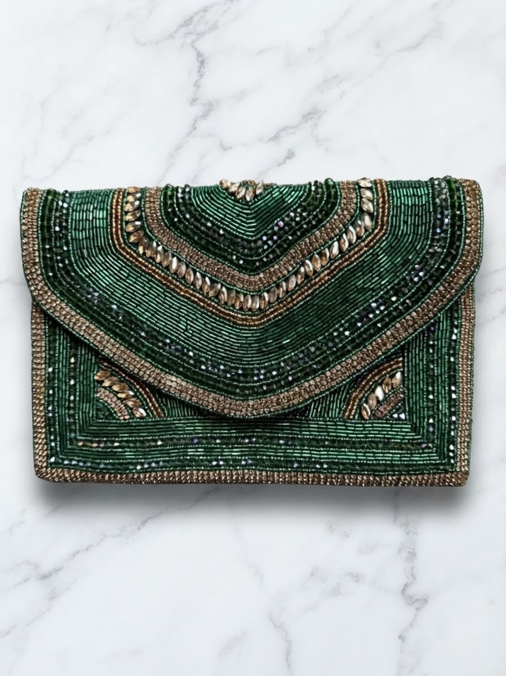 Emerald Green Beaded & Jeweled Evening Envelope Clutch